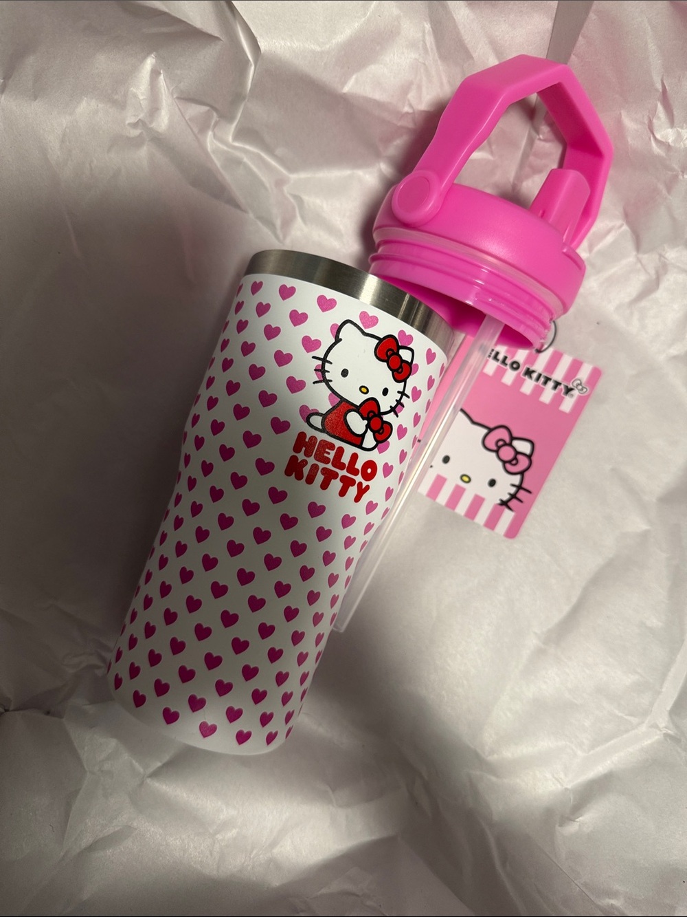 Hello Kitty Pink and White Heart Stainless Kids Bottle with Handle 20oz - Picture 7 of 7